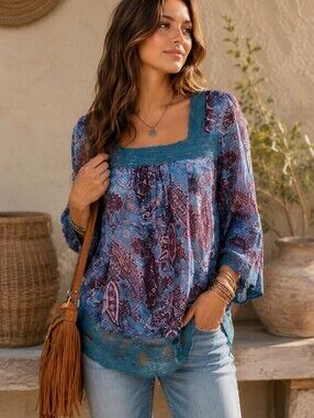 Sundance Reina 100% Silk Sheer Paisley Tunic Lace Trim Bohemian Women's Small